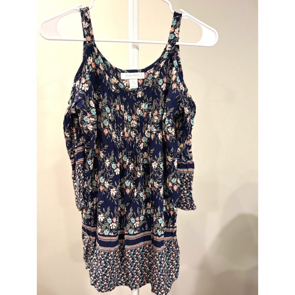 Festival Cottage Bohemian Cold Shoulder Maternity Pintuck Tunic Top Small Navy